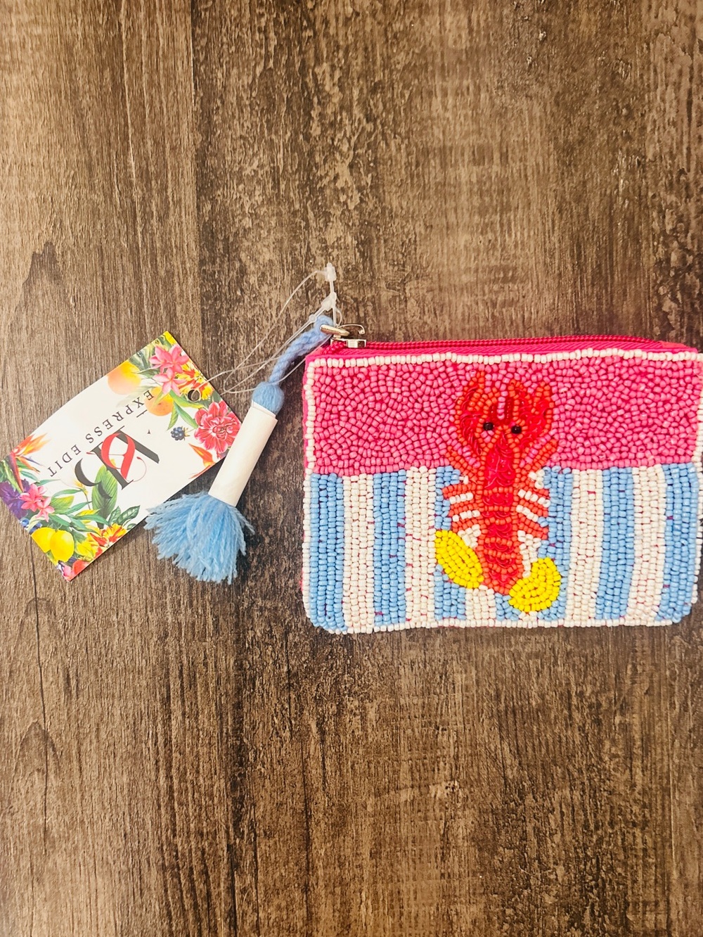 Beaded Lobster Zip Pouch with Tassel Pink Blue Red White Yellow NWT